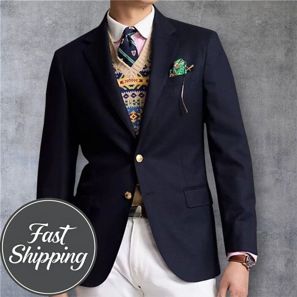 RALPH LAUREN Mens Navy Blazer 40L Wool Sport Coat Gold Brass Button Jacket Suits